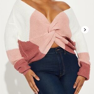 Fashion Nova Cream and Pink Crew Neck Sweater with Knotted Detail